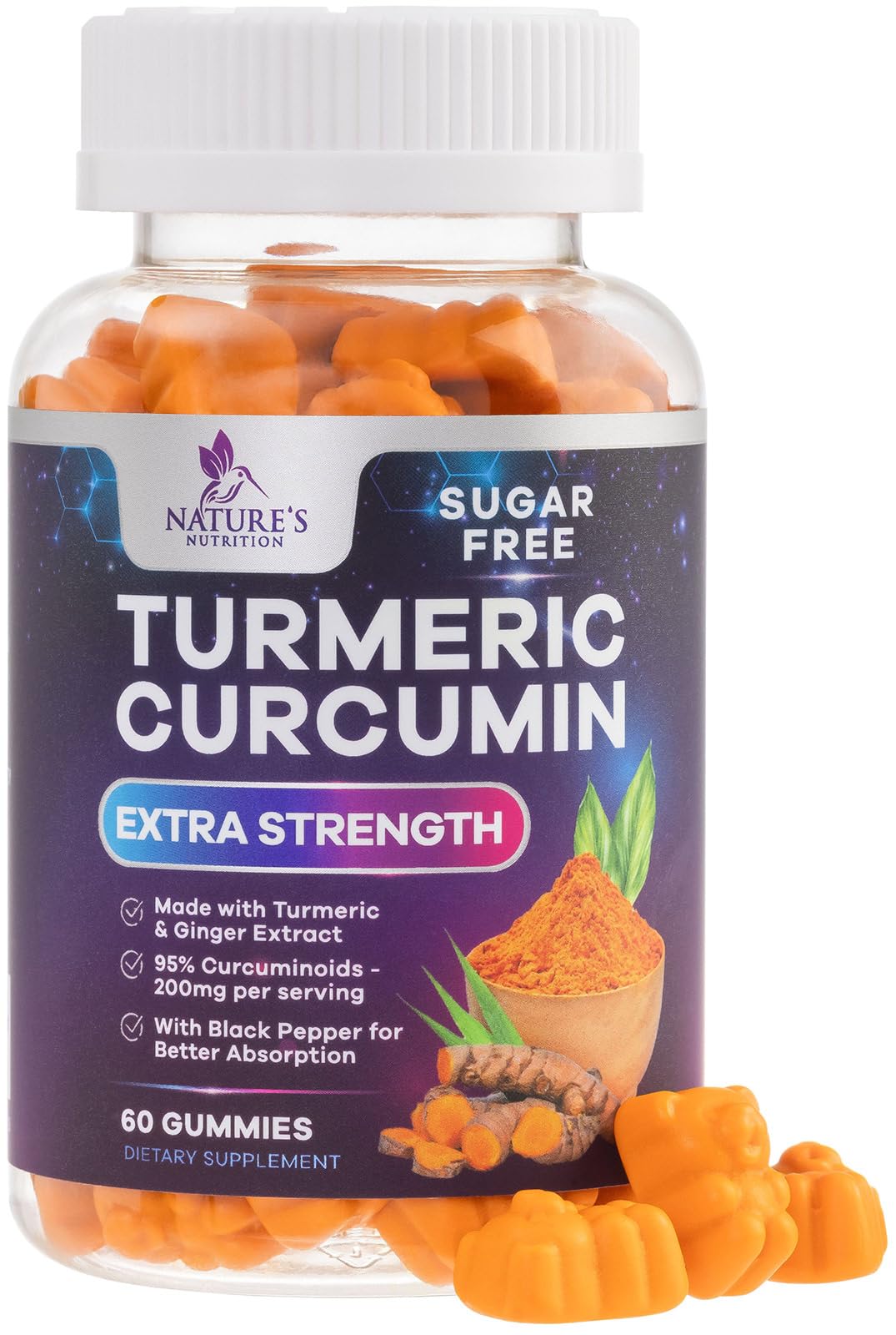 Turmeric Curcumin Gummies Sugar Free 95% Curcuminoids, Black Pepper, Peach