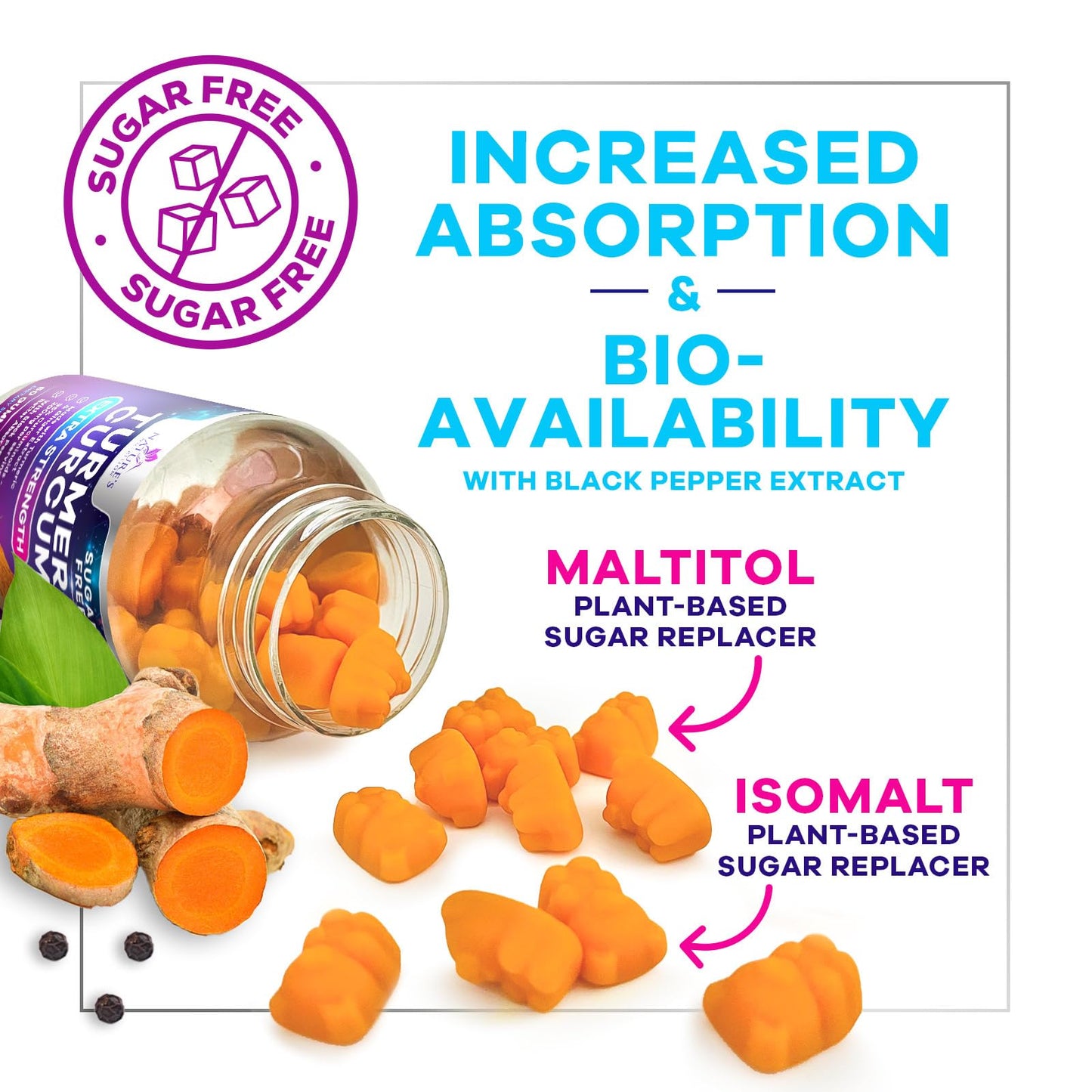 Turmeric Curcumin Gummies Sugar Free 95% Curcuminoids, Black Pepper, Peach