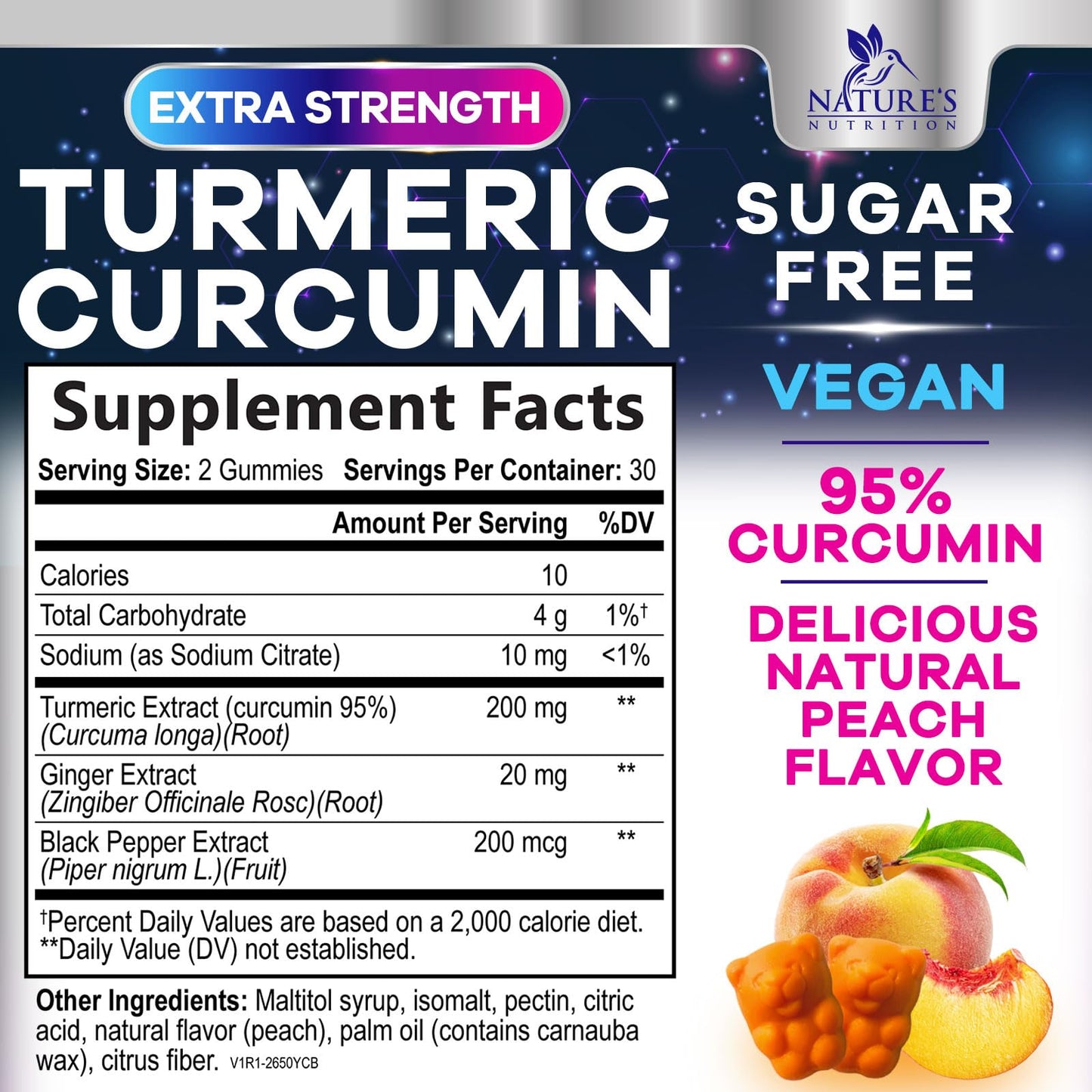 Turmeric Curcumin Gummies Sugar Free 95% Curcuminoids, Black Pepper, Peach
