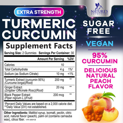 Turmeric Curcumin Gummies Sugar Free 95% Curcuminoids, Black Pepper, Peach