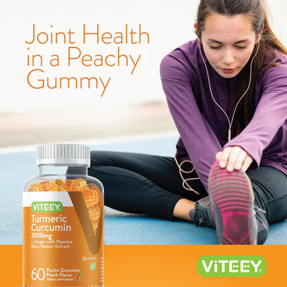 Turmeric Curcumin Gummies 2000mg with Ginger & Black Pepper – Immune & Joint Support (Vegan, Peach) – 2 Pack