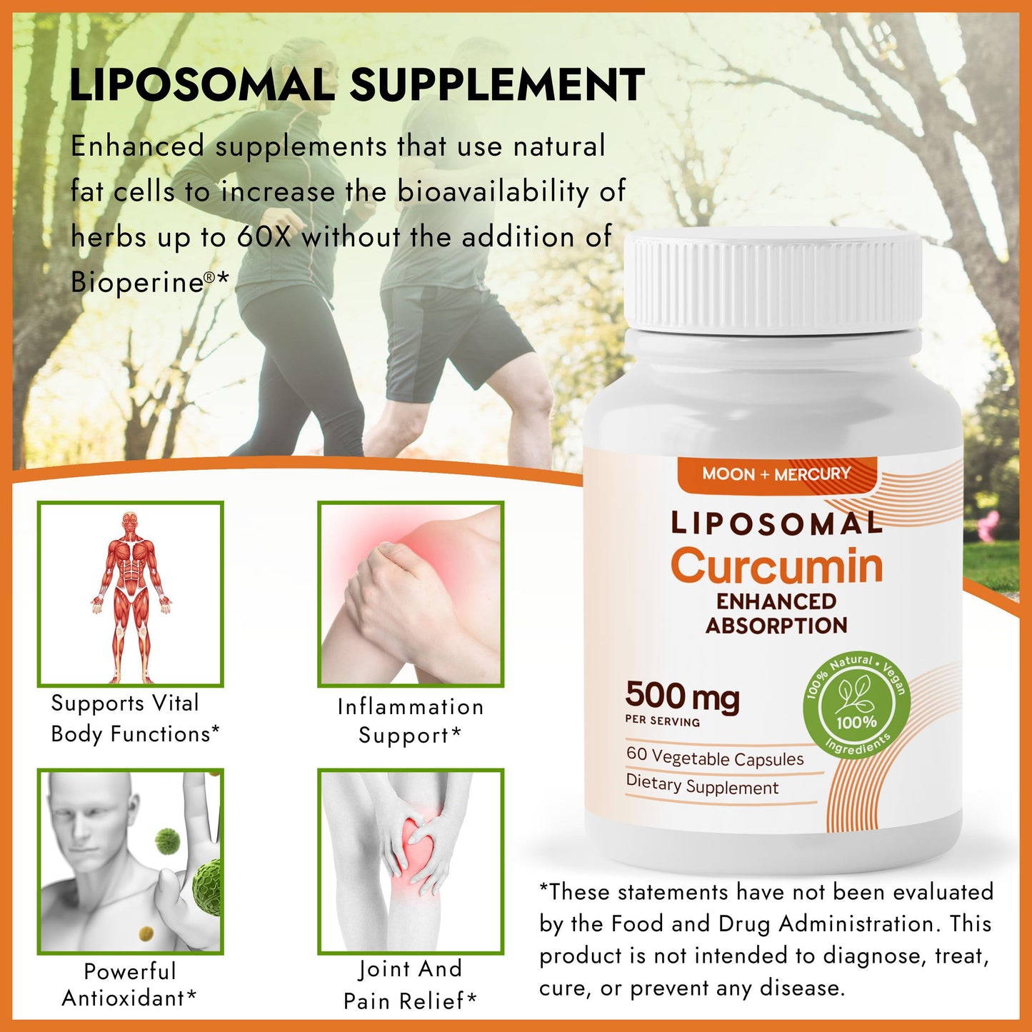 Moon + Mercury Liposomal Turmeric Curcumin 500mg - 60 Capsules | 100% Natural Curcuminoids