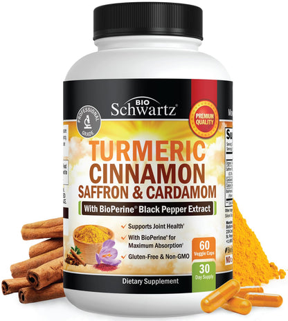 Turmeric Curcumin with Saffron, Cinnamon & Cardamom + BioPerine – Joint Support, 60 Capsules