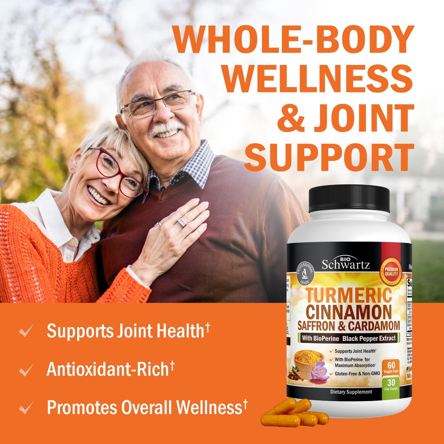 Turmeric Curcumin with Saffron, Cinnamon & Cardamom + BioPerine – Joint Support, 60 Capsules