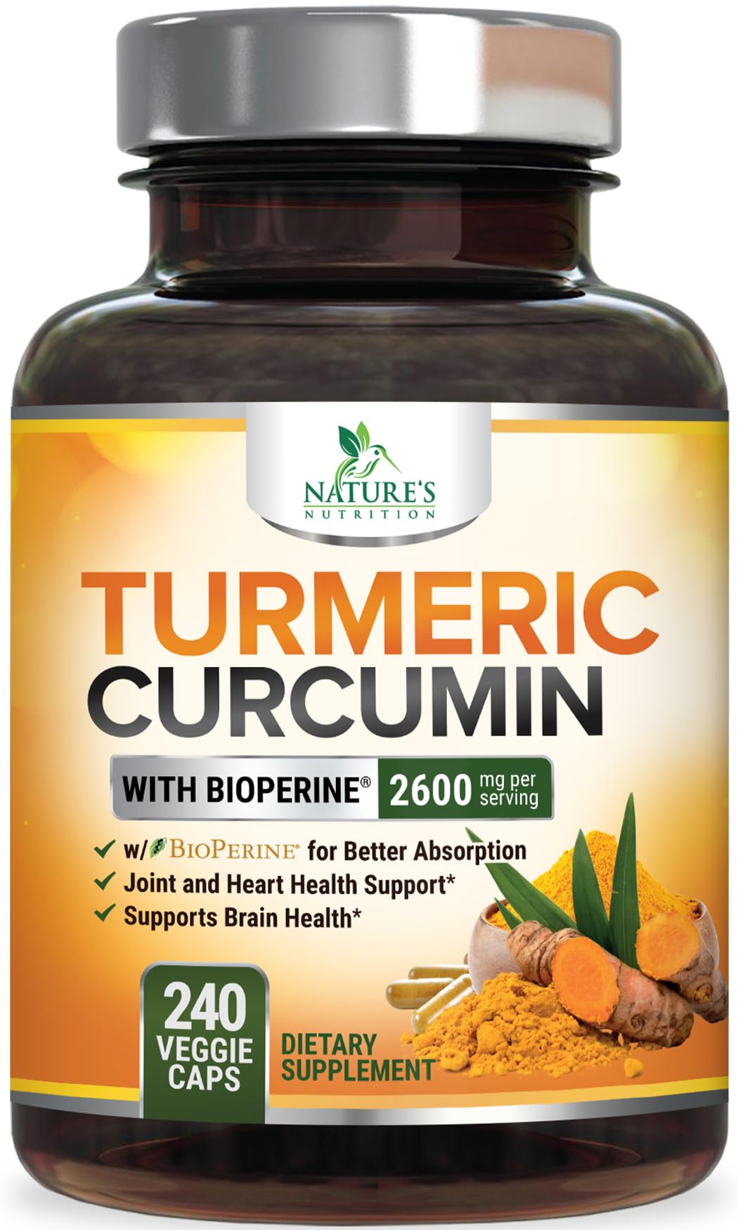 Turmeric Curcumin Supplement 2600mg – 95% Curcuminoids, BioPerine & Organic Turmeric – 240 Capsules | Made in USA