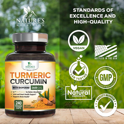 Turmeric Curcumin Supplement 2600mg – 95% Curcuminoids, BioPerine & Organic Turmeric – 240 Capsules | Made in USA