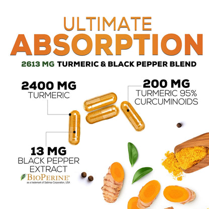 Turmeric Curcumin Supplement 2600mg – 95% Curcuminoids, BioPerine & Organic Turmeric – 240 Capsules | Made in USA