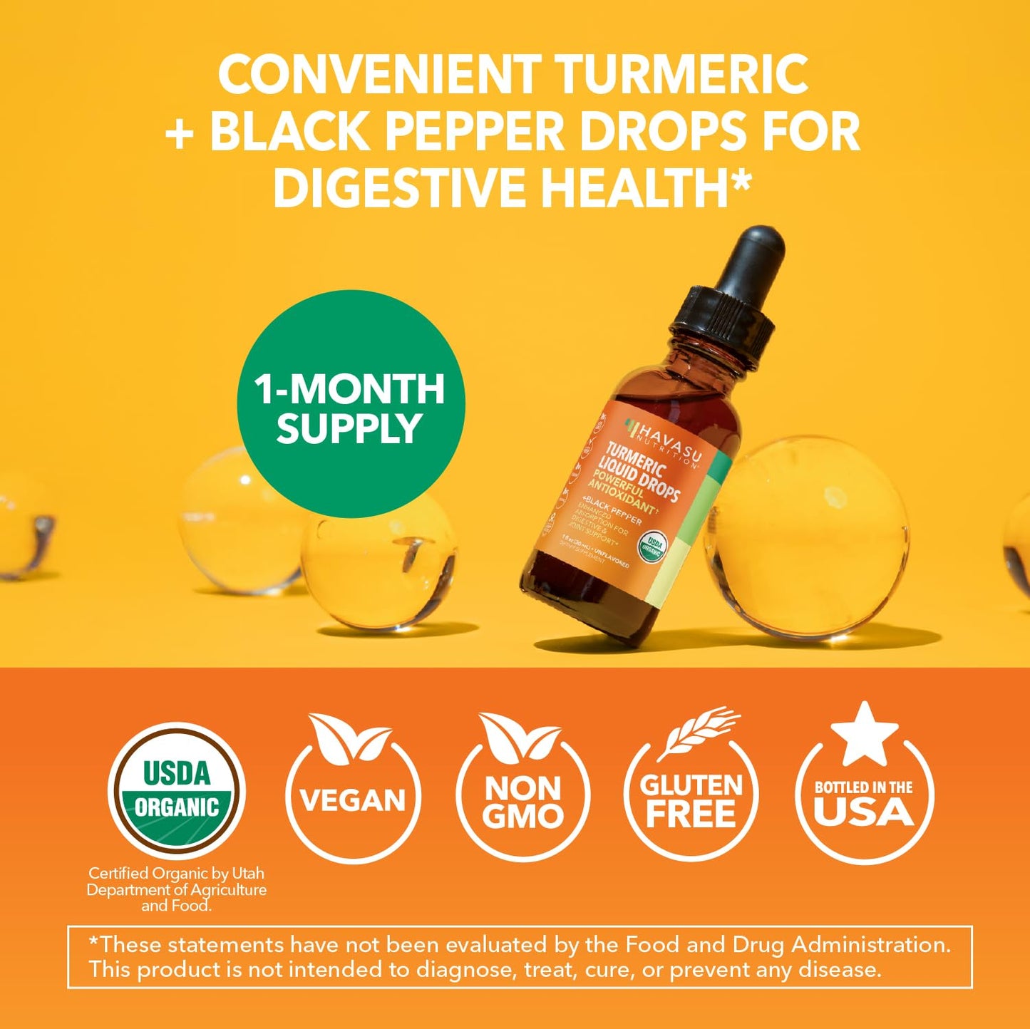 USDA Organic Turmeric Liquid Drops with Black Pepper – 1000mg Curcumin, 1oz