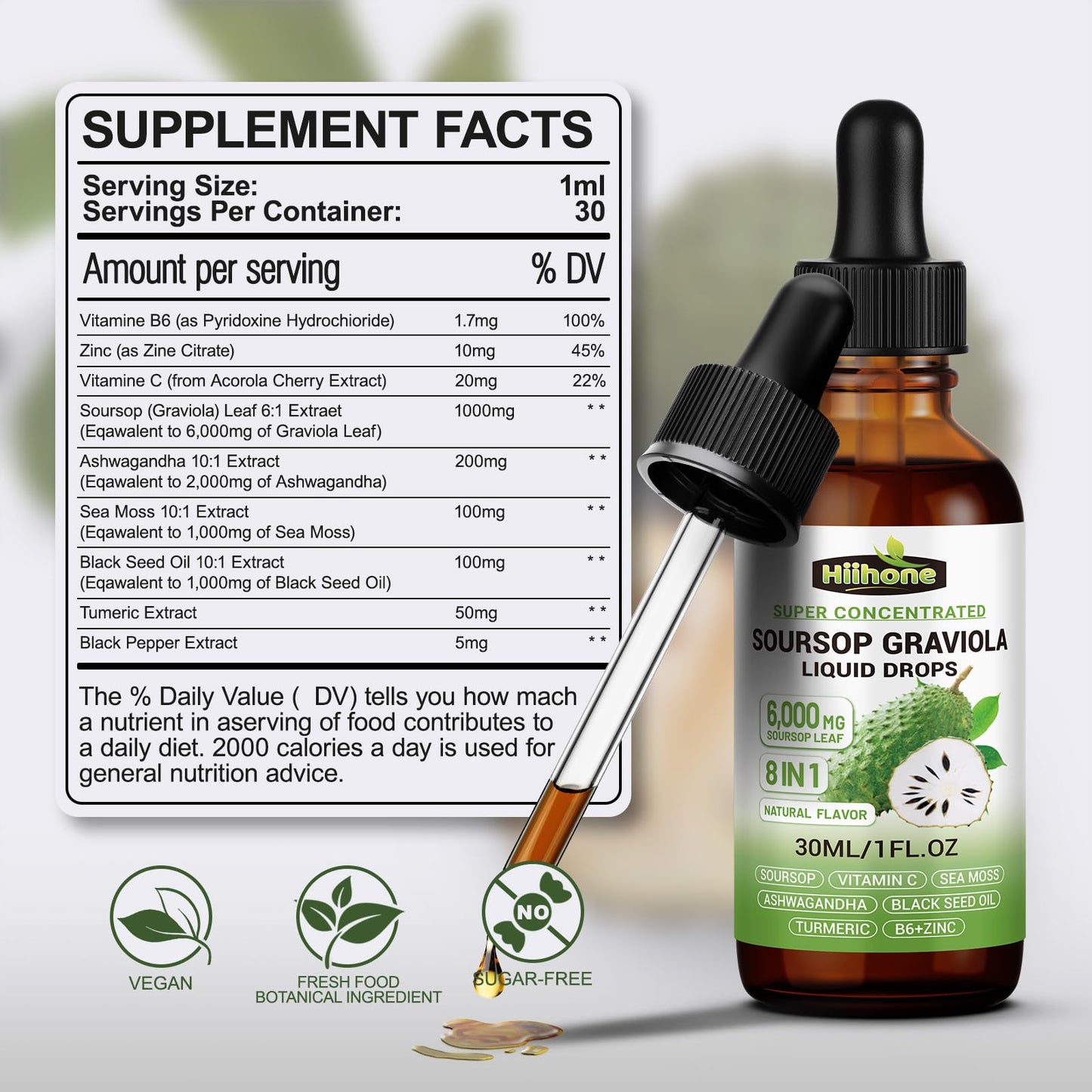 8 in 1 Graviola Soursop Liquid – Immune & Liver Support, Antioxidant, 1 Fl Oz
