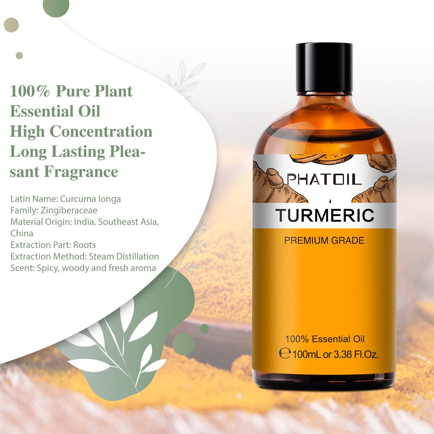 Turmeric 3.38fl.oz Essential Oil (100ml) | PHATOIL Pure Aromatherapy Oils for Diffuser, DIY Soap, Candle & Bath Bombs