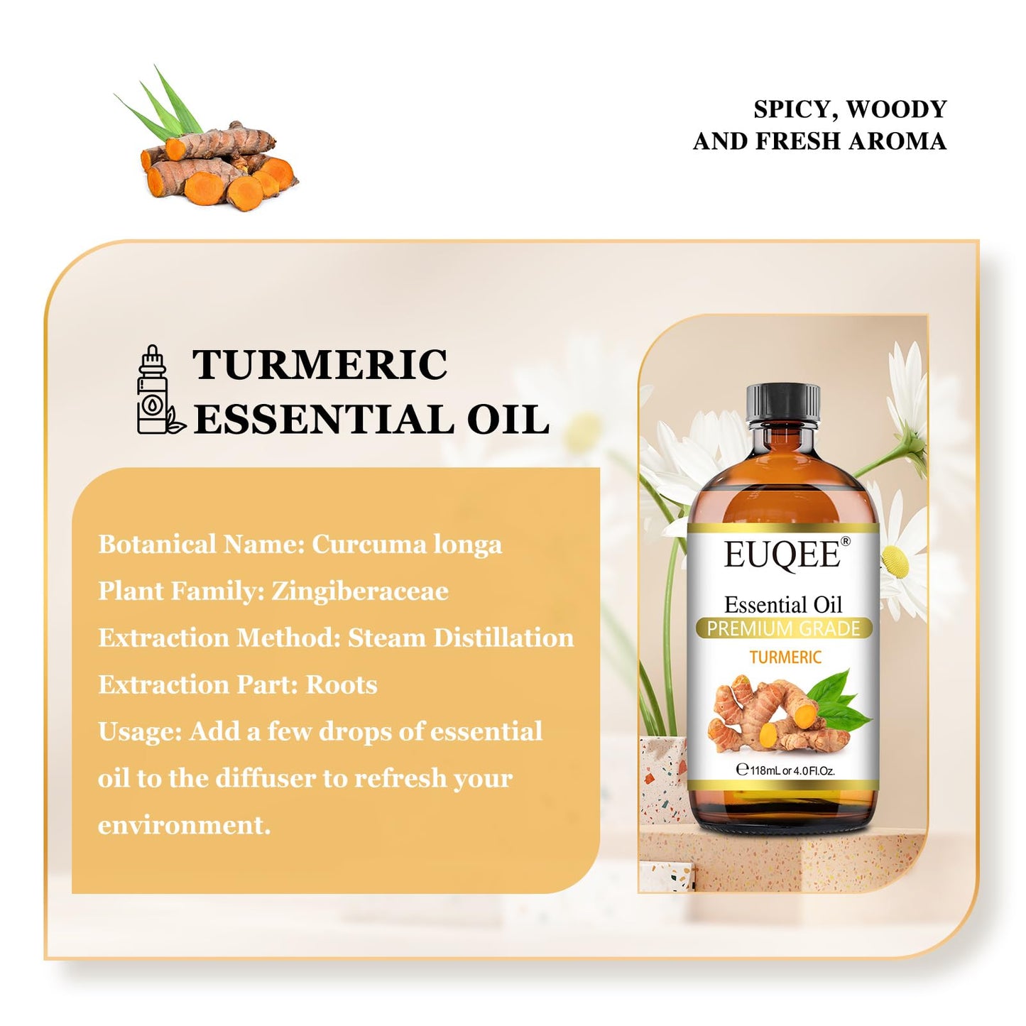 EUQEE Turmeric Essential Oil 118ml (4 Fl. Oz) | Pure Turmeric Oil for Diffusers, DIY Soap & Candles