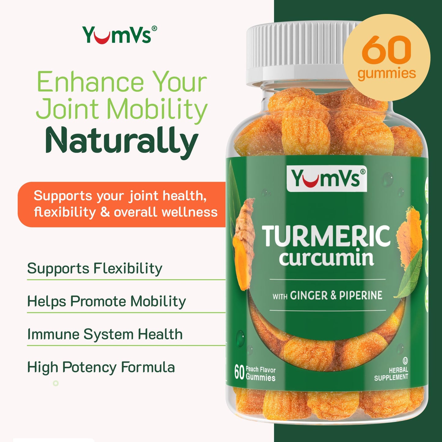 Curcumin Turmeric Gummies – Extra Strength 2000mg (8:1) – Peach Flavor, 60 Count