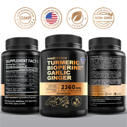 4-in-1 Turmeric & Garlic Supplements with BioPerine – 2360mg Turmeric Capsules (120 ct)