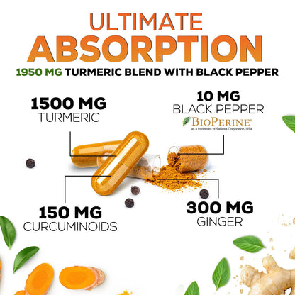 Turmeric Curcumin 1950mg with BioPerine – 95% Curcuminoids, Organic Turmeric & Ginger, 180 Capsules