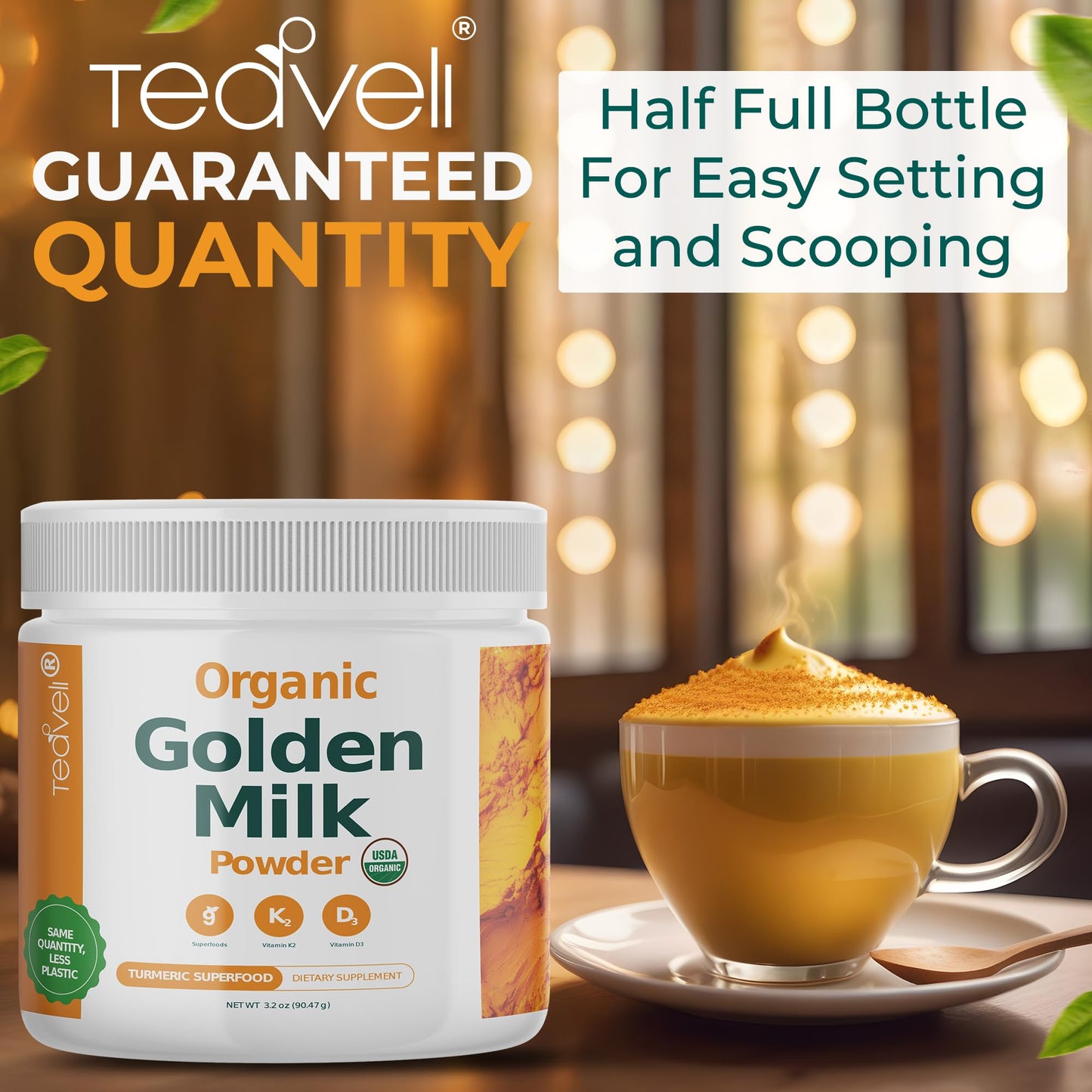 Organic Golden Milk Powder (Leche Dorada organica) with Turmeric, Ginger, Curcumin, Cinnamon, KSM66 Ashwagandha, Tulsi & Natural Prebiotics – Delicious Vegan-Friendly, Unsweetened Turmeric Tea Latte