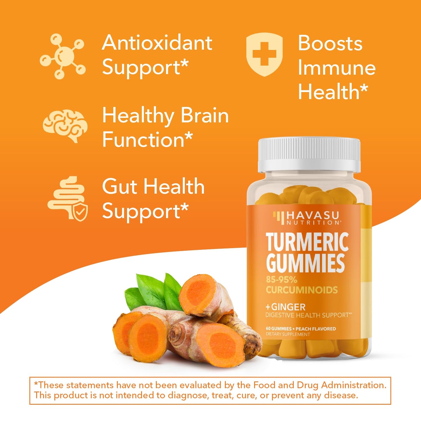 Turmeric Gummies with Ginger – 95% Curcuminoids, Peach, 60 Count (Vegan)