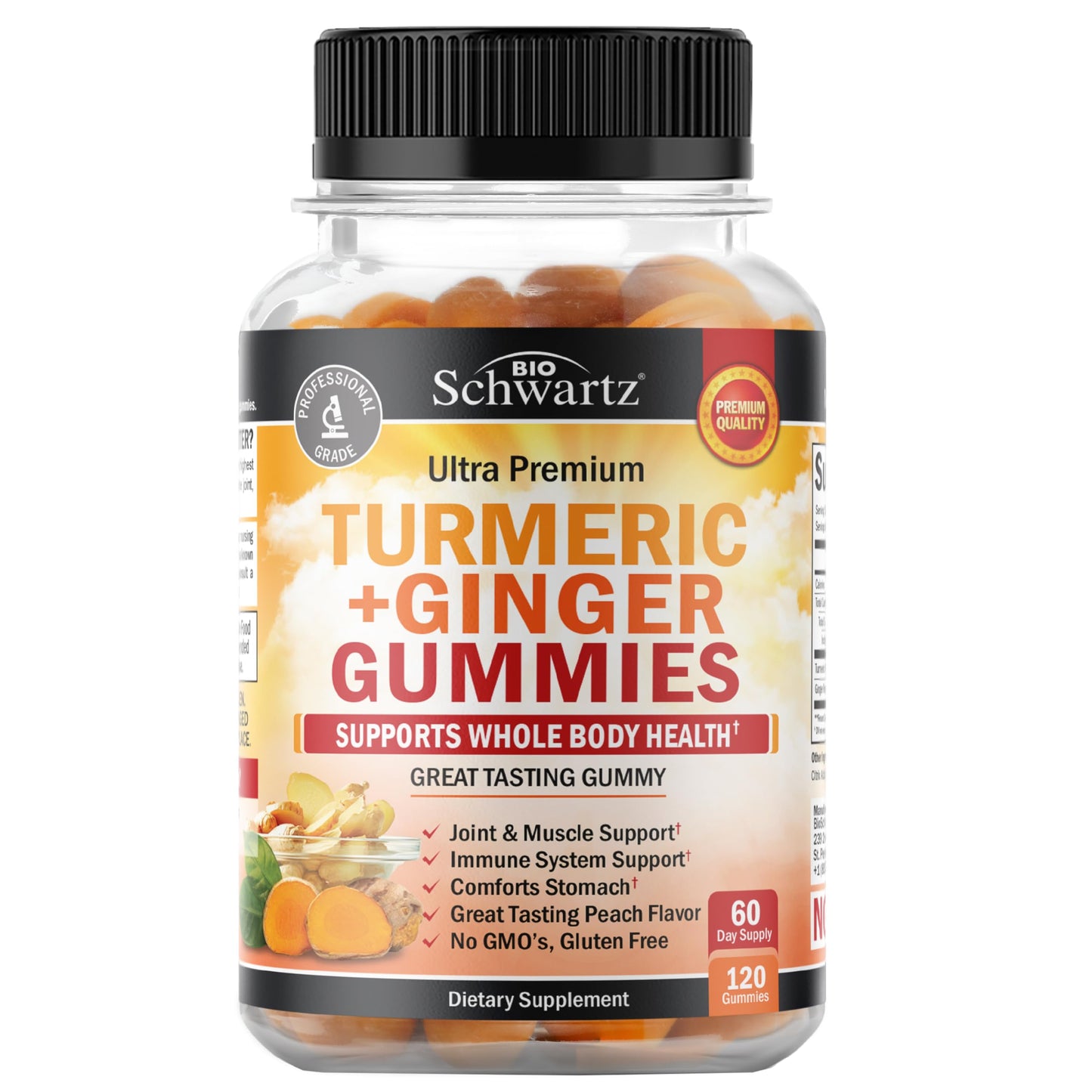 Turmeric Curcumin with Ginger Gummies - Extra Strength Joint Support, Peach Flavor | Gluten Free & Non-GMO | 120 Count
