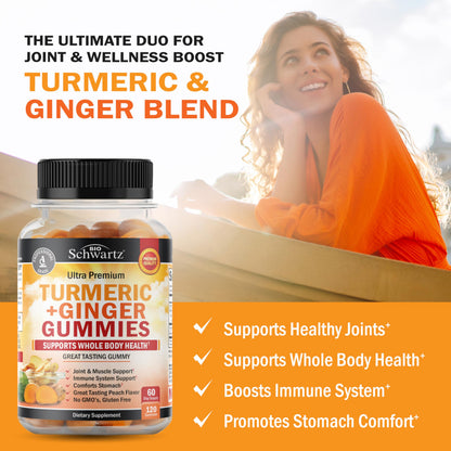 Turmeric Curcumin with Ginger Gummies - Extra Strength Joint Support, Peach Flavor | Gluten Free & Non-GMO | 120 Count
