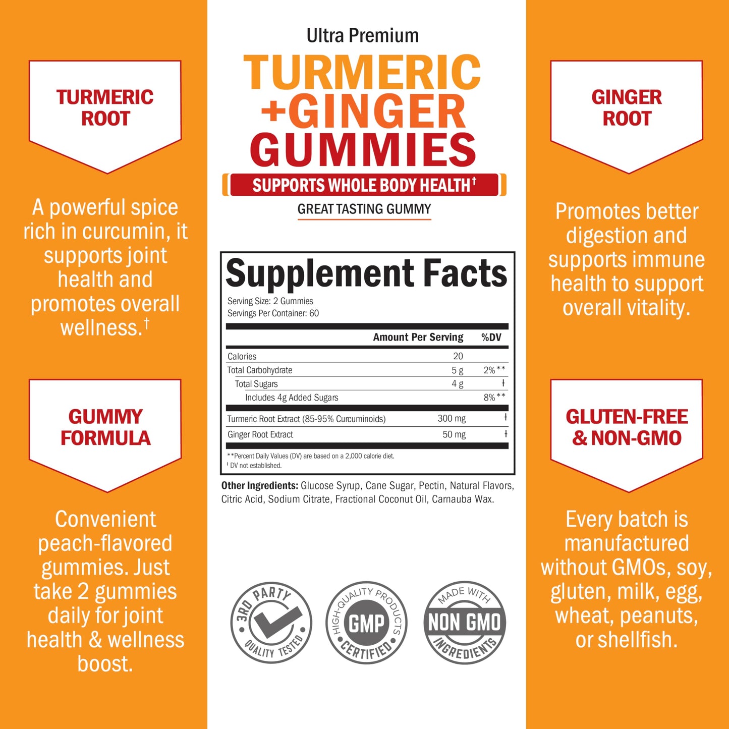 Turmeric Curcumin with Ginger Gummies - Extra Strength Joint Support, Peach Flavor | Gluten Free & Non-GMO | 120 Count