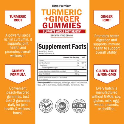 Turmeric Curcumin with Ginger Gummies - Extra Strength Joint Support, Peach Flavor | Gluten Free & Non-GMO | 120 Count