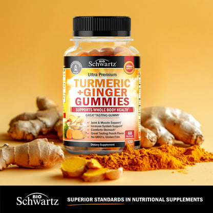 Turmeric Curcumin with Ginger Gummies - Extra Strength Joint Support, Peach Flavor | Gluten Free & Non-GMO | 120 Count