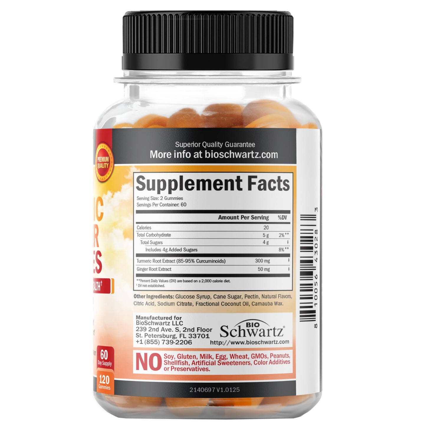 Turmeric Curcumin with Ginger Gummies - Extra Strength Joint Support, Peach Flavor | Gluten Free & Non-GMO | 120 Count