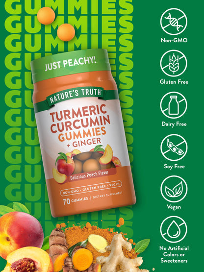 Nature's Truth Turmeric & Ginger Gummies – Peach, 70 Count | Vegan, Non-GMO, Gluten Free