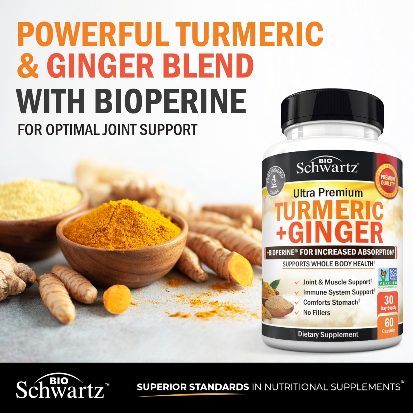 Turmeric Curcumin & Ginger Supplement with BioPerine – 95% Curcuminoids, Gluten-Free, 60 Capsules