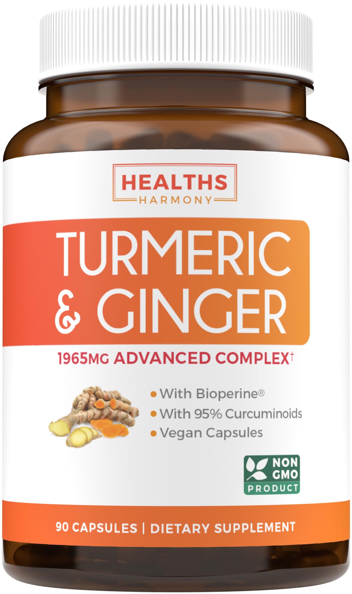 Turmeric and Ginger Supplement (Non-GMO) 1980mg Serving – Curcumin 95% with Black Pepper Bioperine, Ginger Extract, 90 Capsules