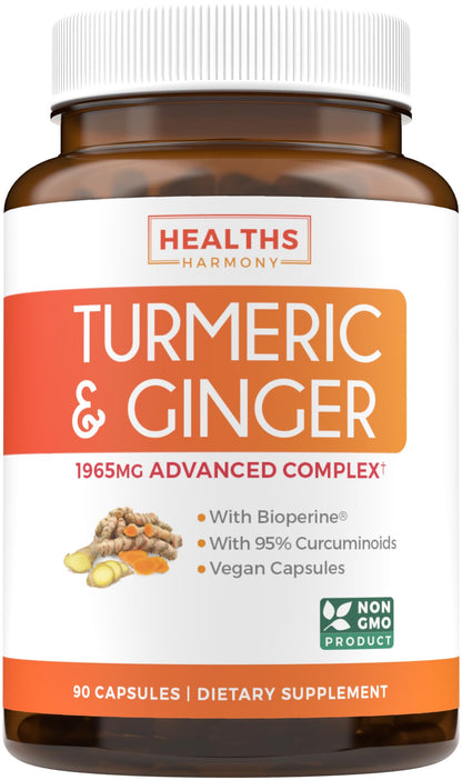Turmeric and Ginger Supplement (Non-GMO) 1980mg Serving – Curcumin 95% with Black Pepper Bioperine, Ginger Extract, 90 Capsules