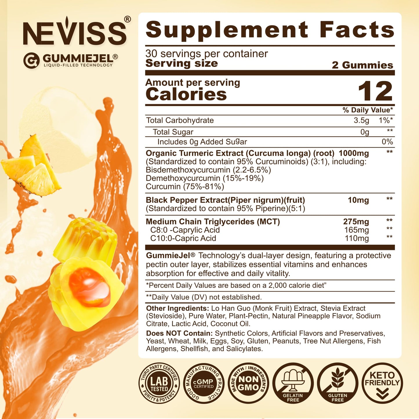 Turmeric Gummies 1000mg with MCT Oil C8/C10 – Curcumin + Black Pepper, Sugar Free, 60 Gummies