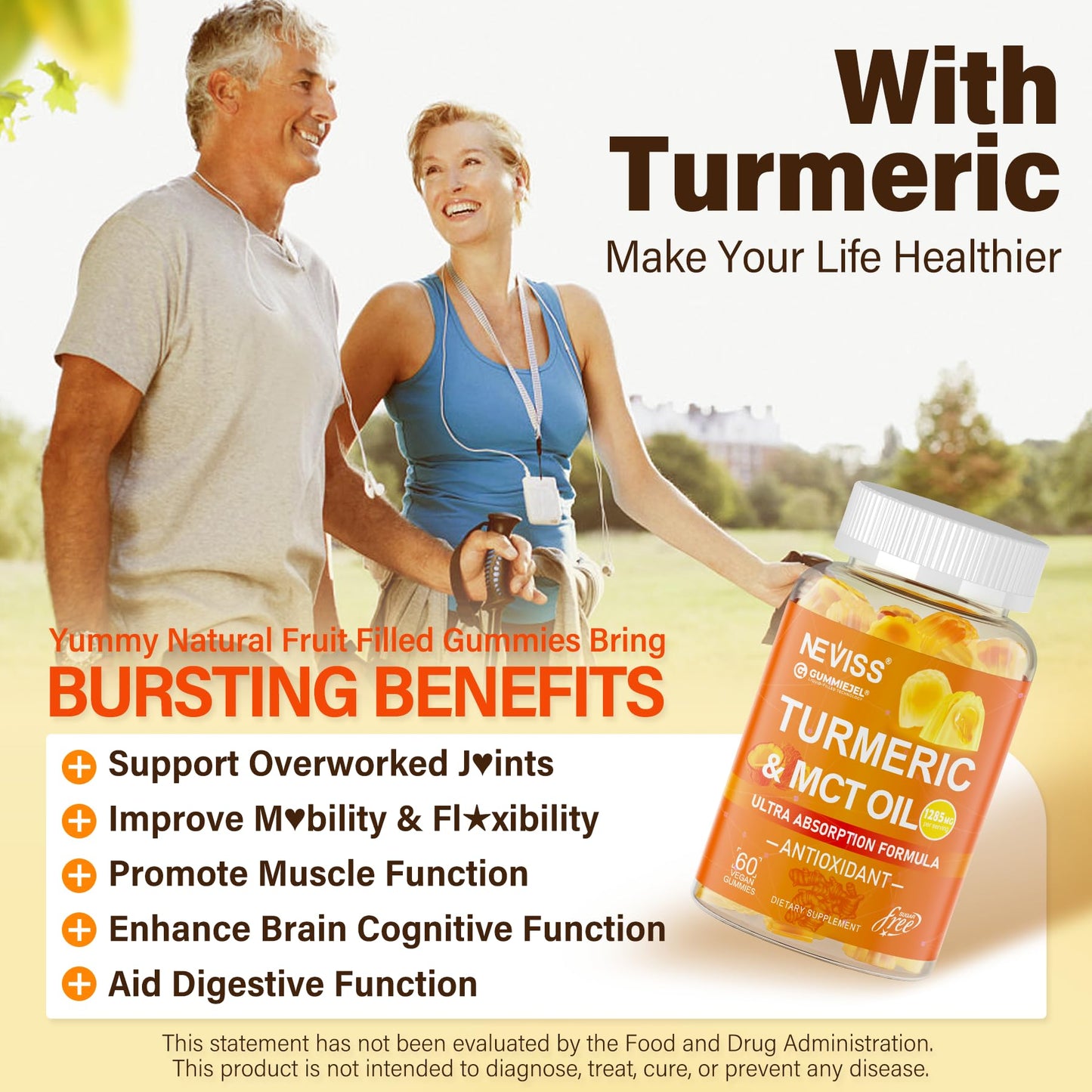 Turmeric Gummies 1000mg with MCT Oil C8/C10 – Curcumin + Black Pepper, Sugar Free, 60 Gummies