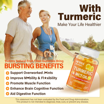 Turmeric Gummies 1000mg with MCT Oil C8/C10 – Curcumin + Black Pepper, Sugar Free, 60 Gummies