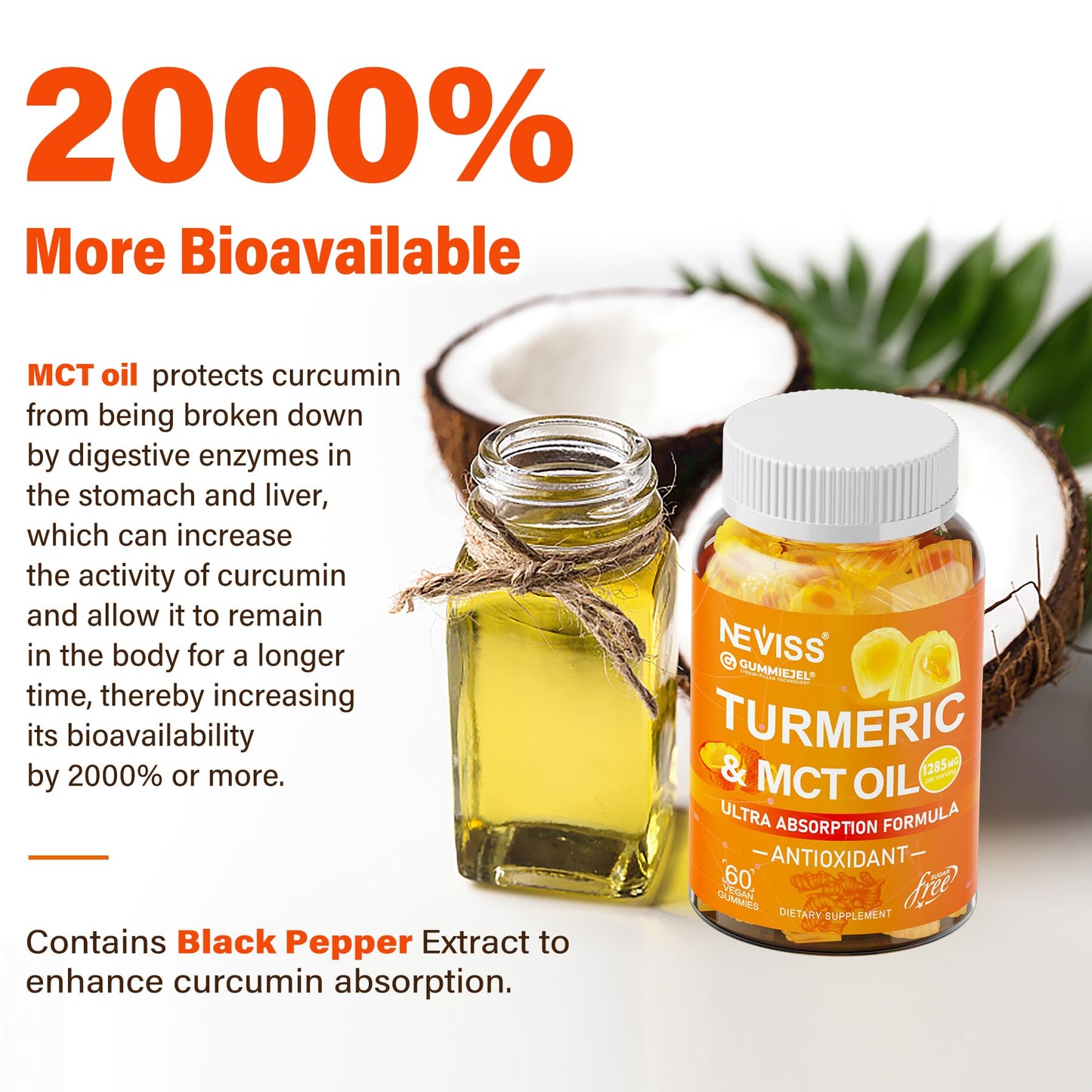 Turmeric Gummies 1000mg with MCT Oil C8/C10 – Curcumin + Black Pepper, Sugar Free, 60 Gummies