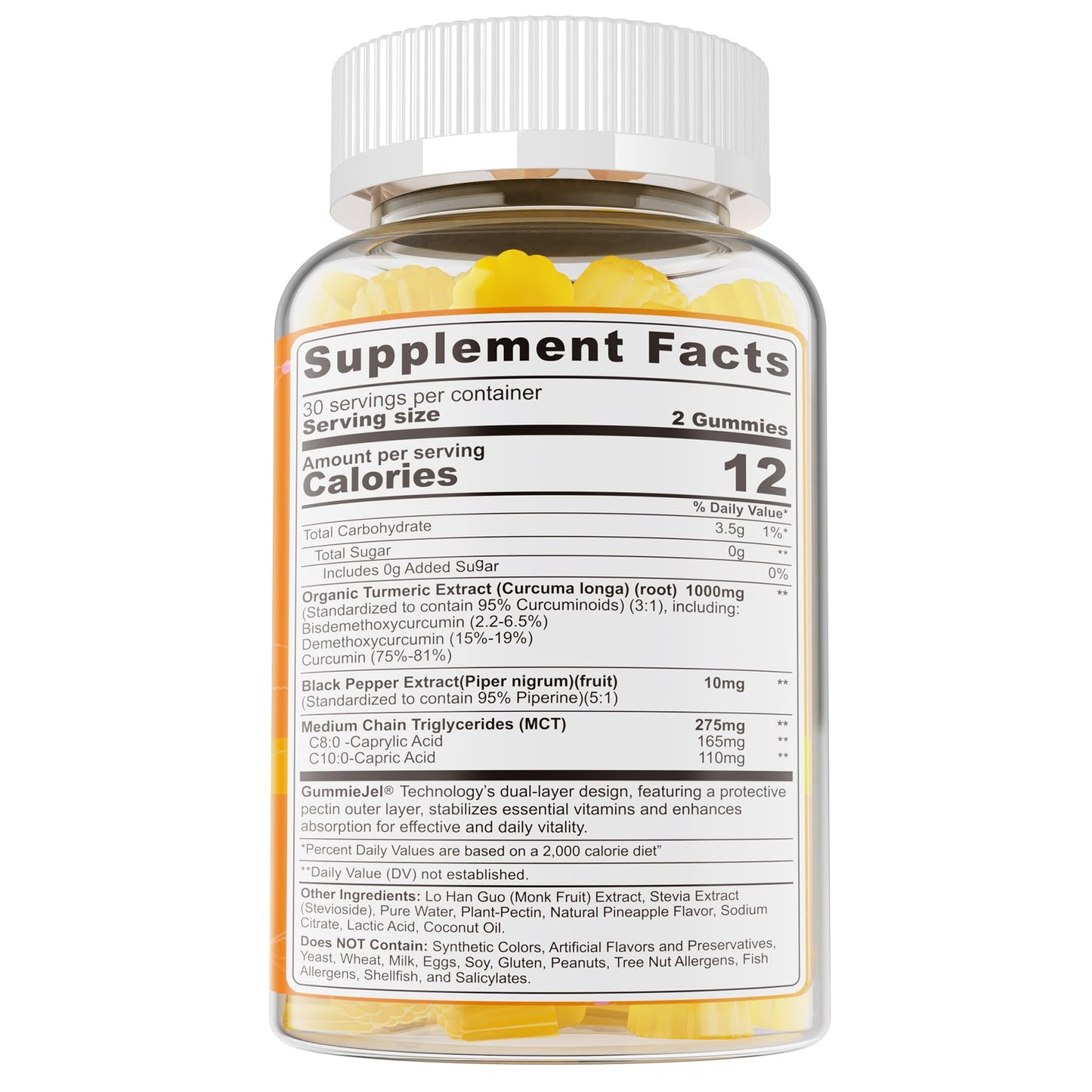 Turmeric Gummies 1000mg with MCT Oil C8/C10 – Curcumin + Black Pepper, Sugar Free, 60 Gummies