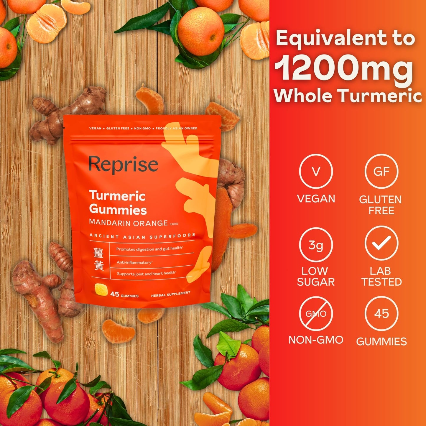 Turmeric Gummies for Women – Vegan, Low-Sugar, Mandarin Orange, 45 Count