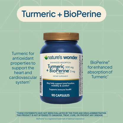 Nature's Wonder Turmeric Supplement with BioPerine 500mg - 90 Vegetarian Capsules