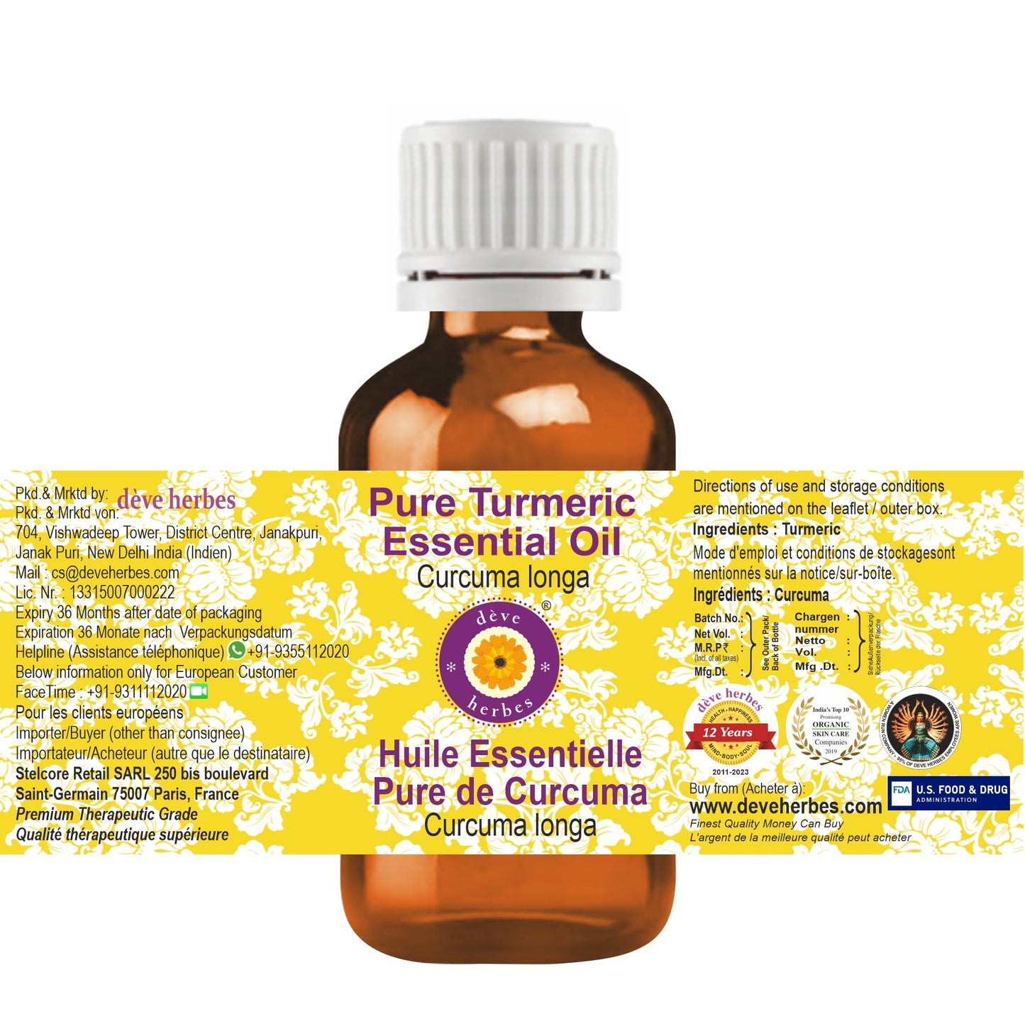 dève herbes Turmeric Essential Oil (Curcuma Longa) Pure | Non-Sticky | Non-Greasy | Lightweight | Men & Women | All Skin Types | Steam Distilled 30ml (1 oz)