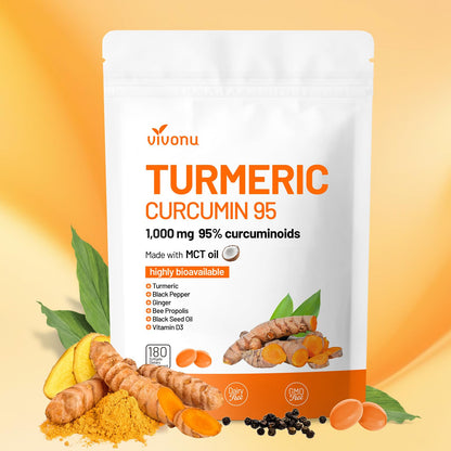 10-in-1 Turmeric Curcumin Softgels 1000mg with MCT Oil, Black Pepper & 60-Day Supply | VivoNu