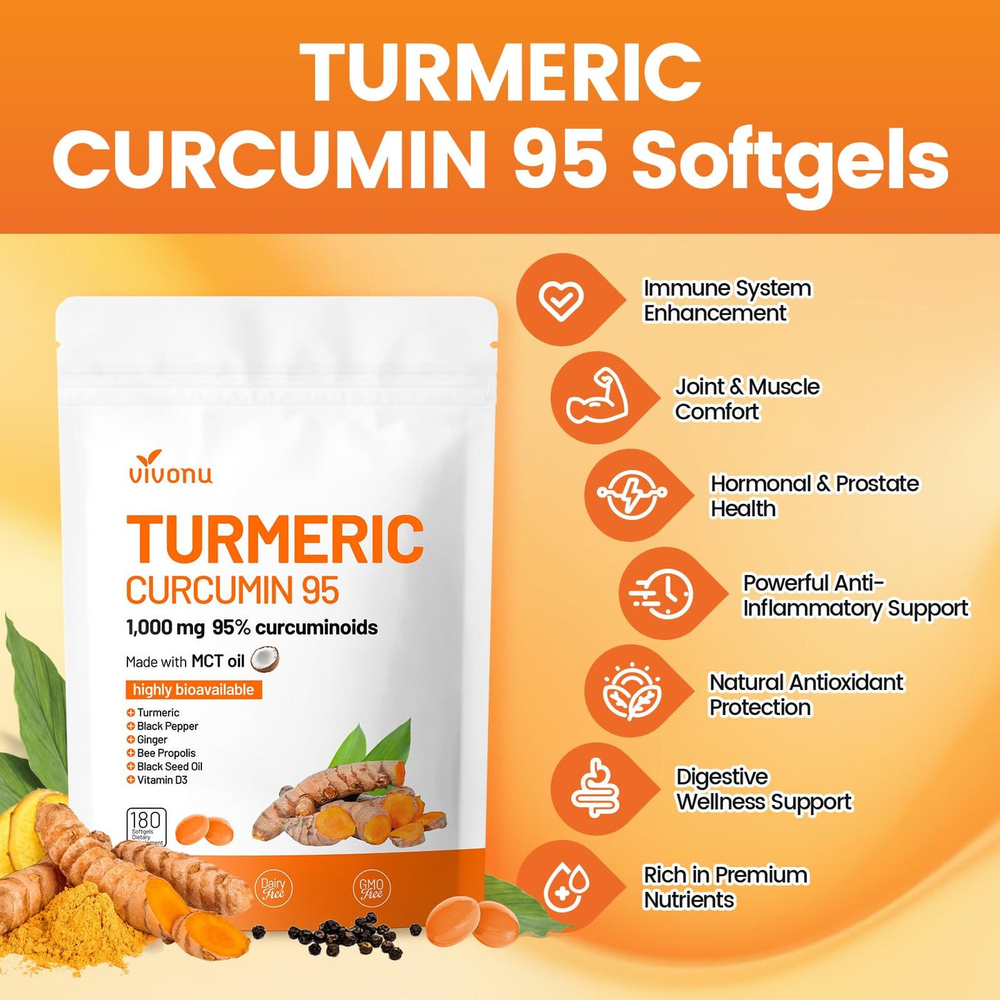 10-in-1 Turmeric Curcumin Softgels 1000mg with MCT Oil, Black Pepper & 60-Day Supply | VivoNu