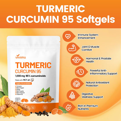 10-in-1 Turmeric Curcumin Softgels 1000mg with MCT Oil, Black Pepper & 60-Day Supply | VivoNu