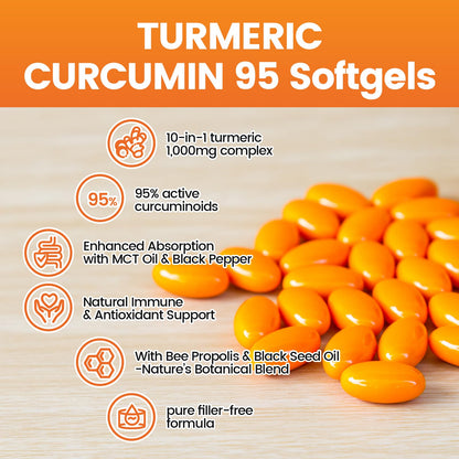 10-in-1 Turmeric Curcumin Softgels 1000mg with MCT Oil, Black Pepper & 60-Day Supply | VivoNu