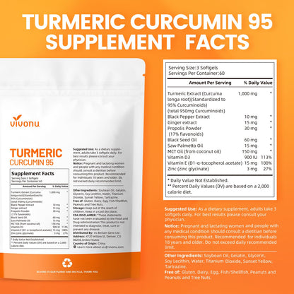 10-in-1 Turmeric Curcumin Softgels 1000mg with MCT Oil, Black Pepper & 60-Day Supply | VivoNu