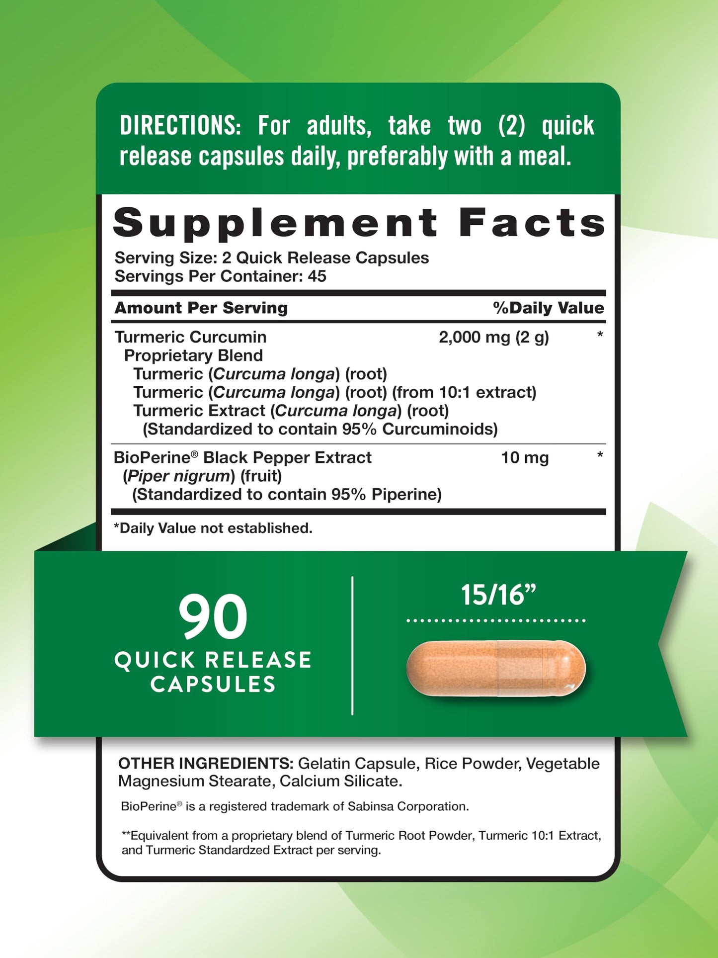 Nature's Truth Turmeric Curcumin Capsules | 2000mg | 90 Count | 95% Standardized Curcuminoids + Bioperine | Non-GMO & Gluten Free