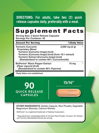 Nature's Truth Turmeric Curcumin Capsules | 2000mg | 90 Count | 95% Standardized Curcuminoids + Bioperine | Non-GMO & Gluten Free