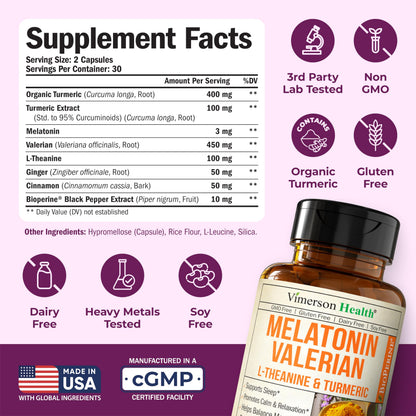 Melatonin Sleep Aid with L-Theanine, Valerian & Turmeric • 60 Capsules