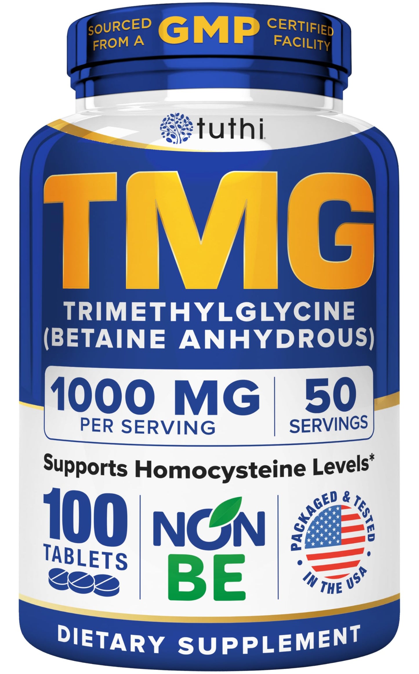 Tuthi TMG Supplement – 1000mg Trimethylglycine – Betaine Amino Acid for Cardiovascular Support and Healthy Homocysteine Levels – 100 Vegan Tablets – Gluten-Free, Non-GMO – Made in USA