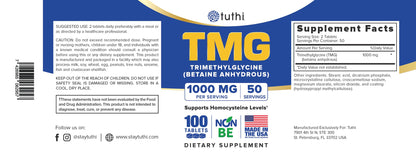 Tuthi TMG Supplement – 1000mg Trimethylglycine – Betaine Amino Acid for Cardiovascular Support and Healthy Homocysteine Levels – 100 Vegan Tablets – Gluten-Free, Non-GMO – Made in USA