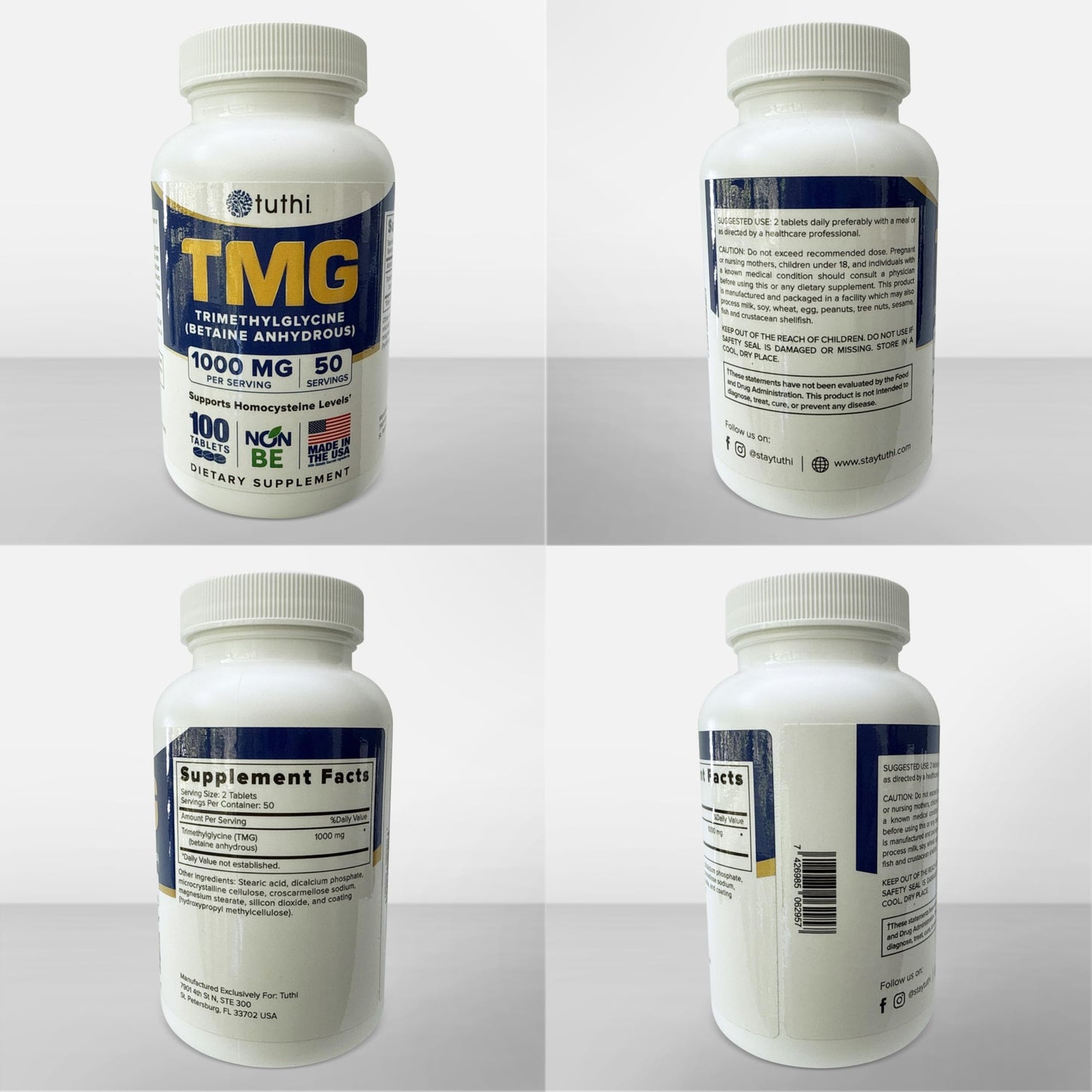 Tuthi TMG Supplement – 1000mg Trimethylglycine – Betaine Amino Acid for Cardiovascular Support and Healthy Homocysteine Levels – 100 Vegan Tablets – Gluten-Free, Non-GMO – Made in USA