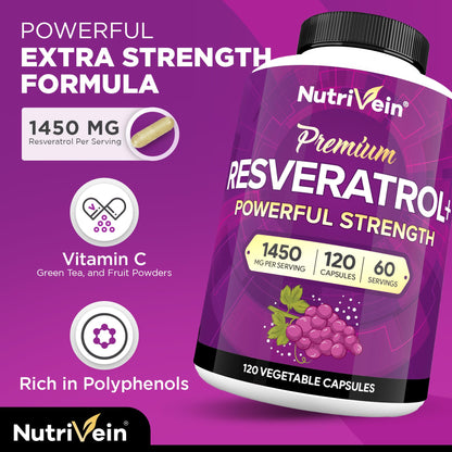Nutrivein Premium Resveratrol 1450mg - 120 Caps: Pure Trans Resveratrol Supplement Enhanced with Green Tea Leaf & Acai Berry - Aging, Defenses, Brain, Heart, and Joint Support
